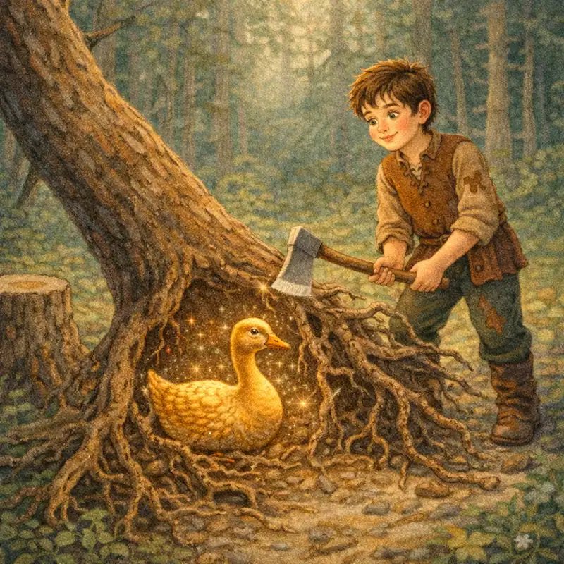 Simpleton discovers a golden goose beneath a tree in The Golden Goose fairy tale