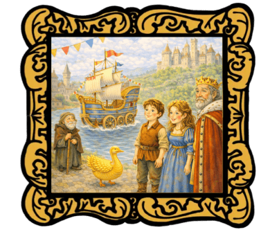 Audio Story in a gold frame: The Golden Goose with a King and a magical ship - Brothers Grimm Fairy Tale