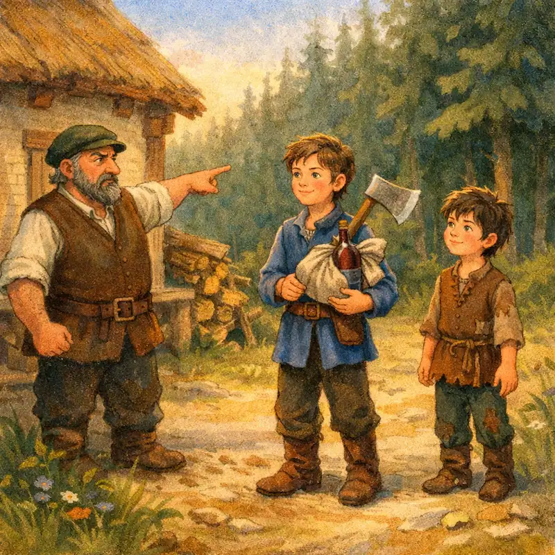 The father points as his sons prepare to go into the forest in The Golden Goose story for kids