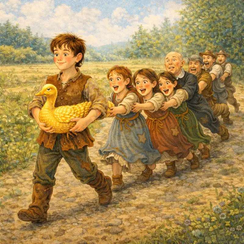 Villagers are stuck together chasing Simpleton and the golden goose