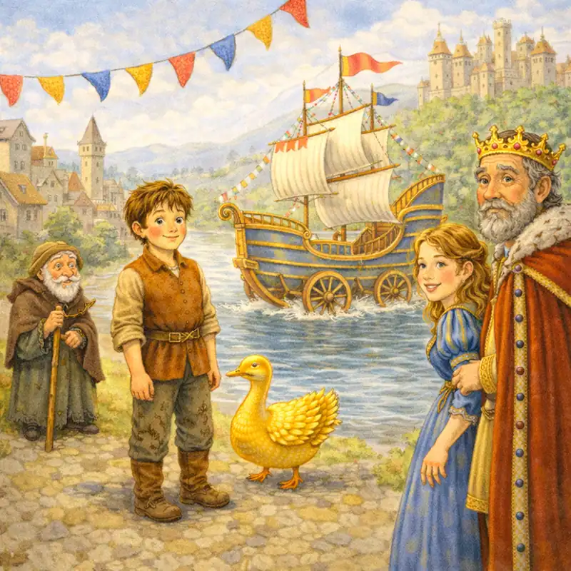 Simpleton stands with the golden goose as the king and princess watch near the river