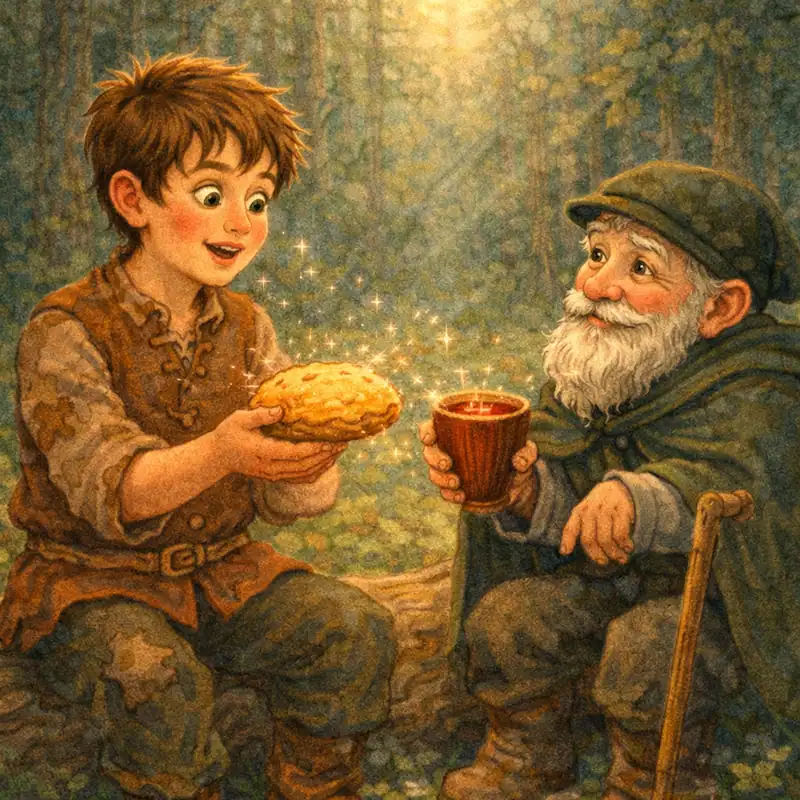 The shared meal turns golden as Simpleton eats with the old man in The Golden Goose