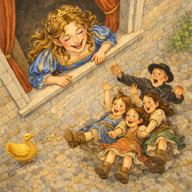 The princess laughs as the golden goose parade passes the palace