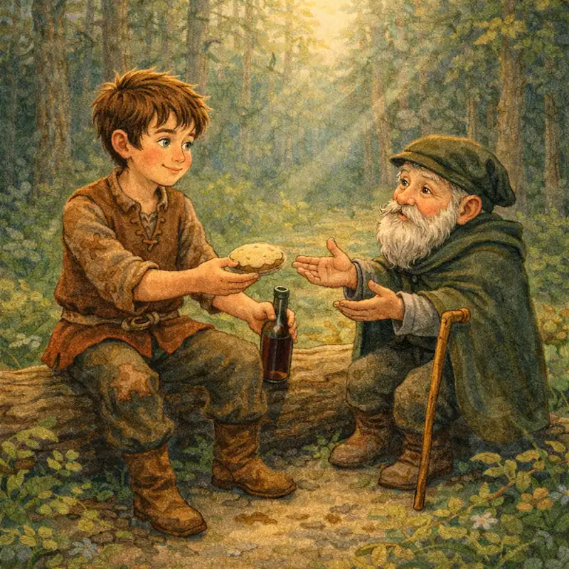 Simpleton offers bread and drink to a hungry old man in The Golden Goose story