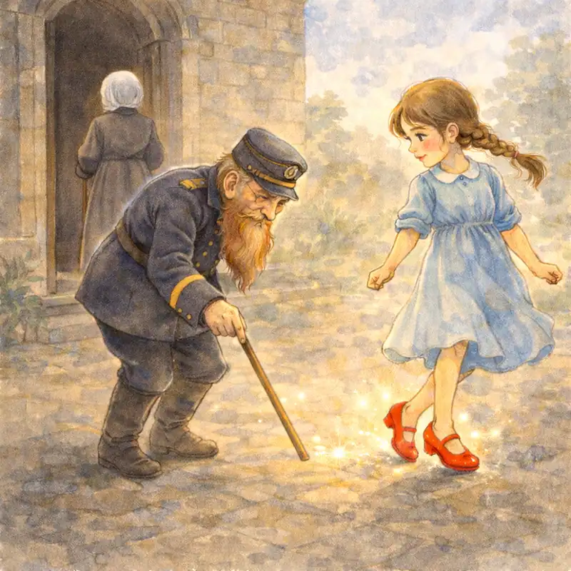 The old soldier taps Karen’s red shoes with his stick in The Red Shoes