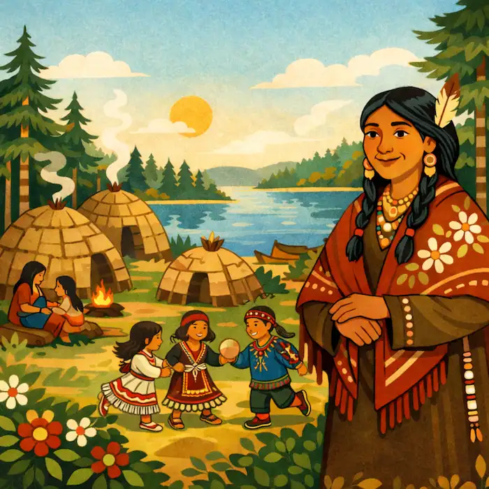 The Dreamcatcher story illustration showing Asibikaashi standing near Ojibwe lodges as children play beside the lake
