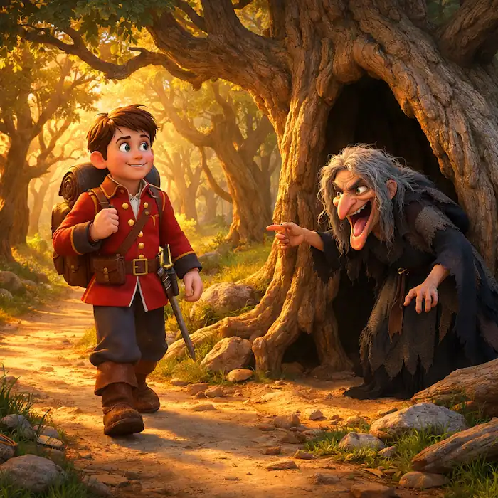 The Tinderbox by Hans Christian Andersen image of the soldier meeting the old witch at the hollow tree in a sunlit forest
