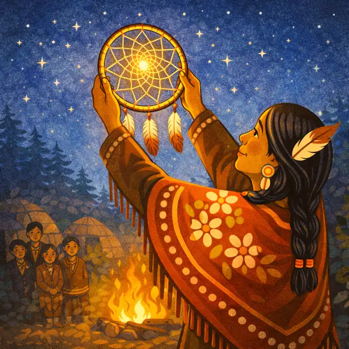 Asibikaashi lifts the finished dreamcatcher toward the starry night sky above the village fire