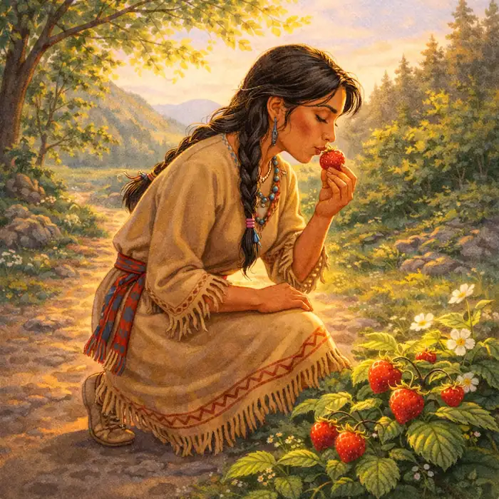 The First Strawberry scene of the first woman kneeling beside the path and tasting the first strawberry