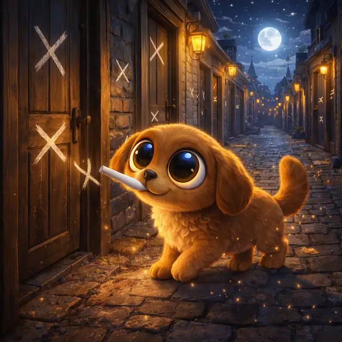 The magical dog carries chalk in its mouth and marks crosses on every door in the narrow city street