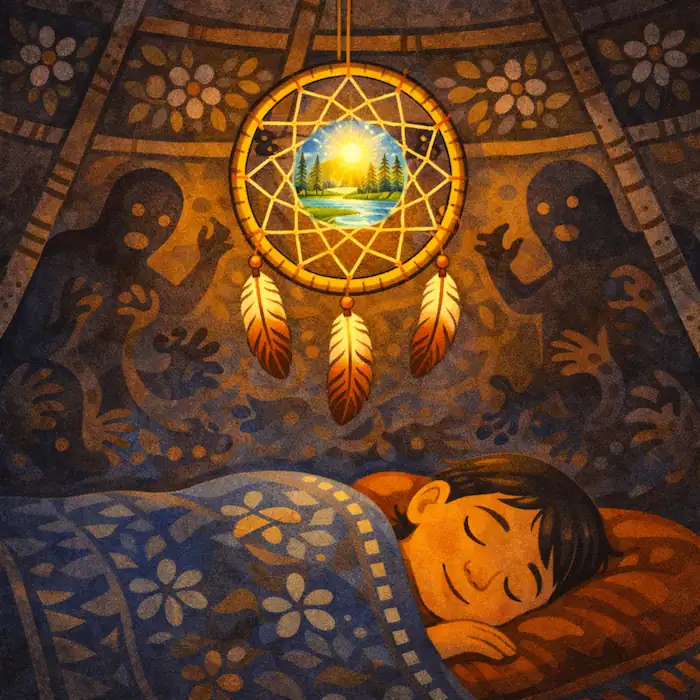 The Dreamcatcher hanging above a sleeping child as shadowy bad dreams stay trapped outside the glowing web