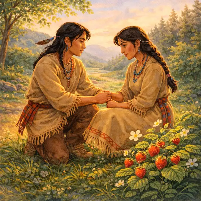 The First Strawberry image of the first man and first woman kneeling together beside the strawberry patch after making peace