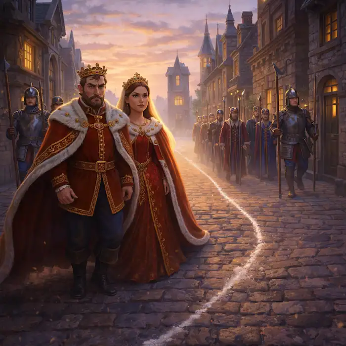 The Tinderbox by Hans Christian Andersen image of the king and queen following the pale flour trail through the city with guards behind them