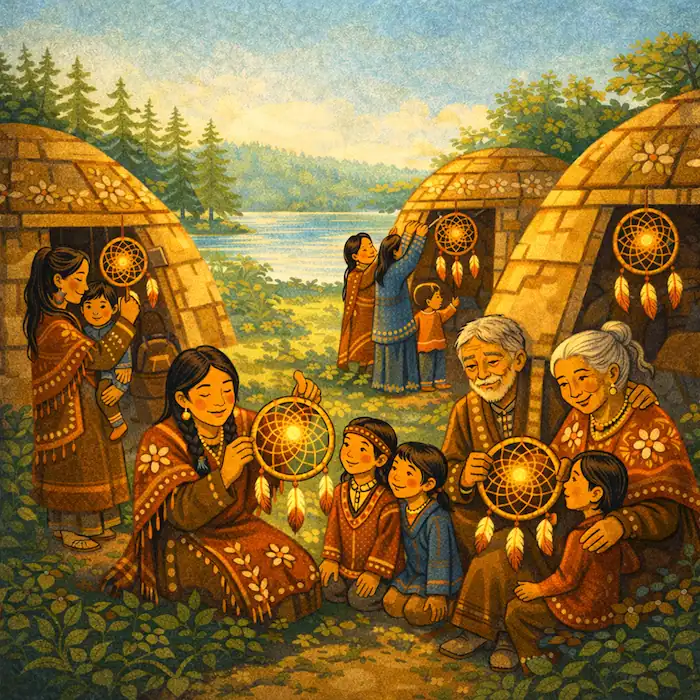 Families and children in the village hold glowing dreamcatchers outside their lodges by the lake