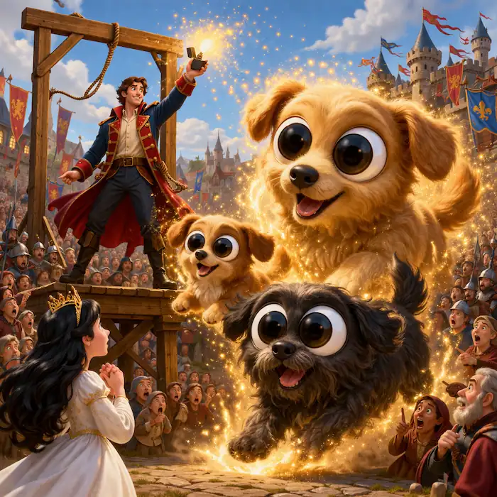 The soldier raises the tinderbox at the gallows as the three magical dogs burst into the crowd and the princess watches