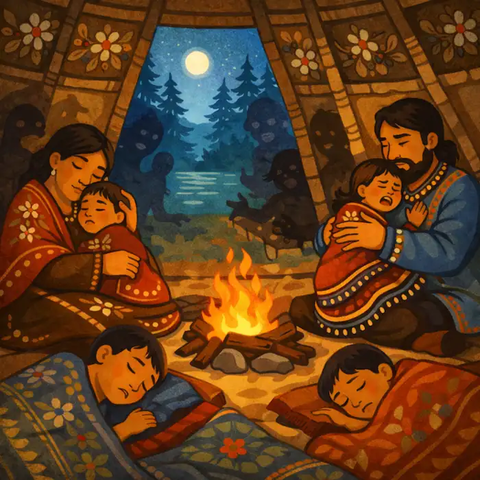 Families sit inside a lodge around the fire while worried children sleep and shadowy bad dreams gather outside