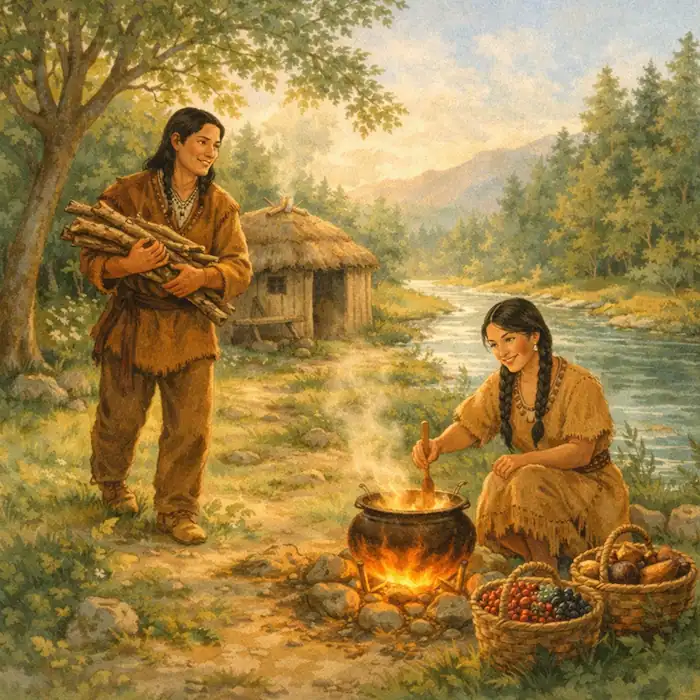 The First Strawberry image of the first woman cooking by the fire while the first man carries wood near their home beside the river