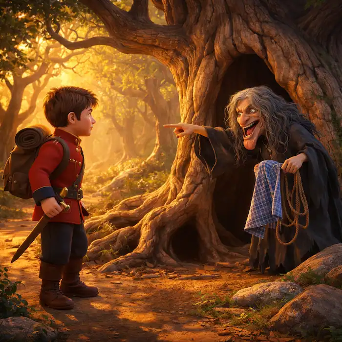The old witch points from the hollow tree while showing the soldier the rope and blue checked apron
