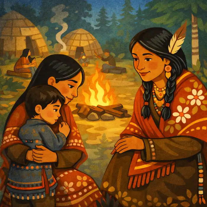 The Dreamcatcher illustration of Asibikaashi comforting a mother holding her frightened little boy by the campfire