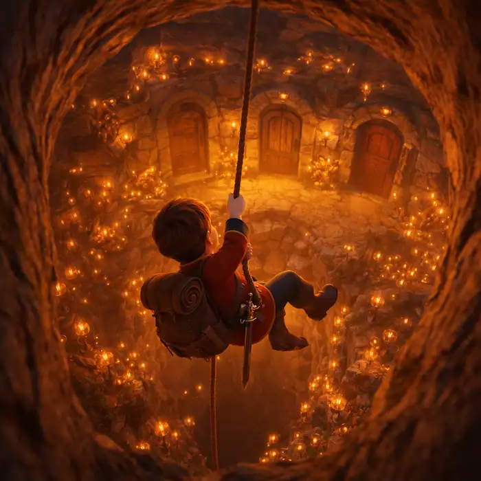 The Tinderbox by Hans Christian Andersen illustration of the soldier lowering himself by rope into the glowing underground hall beneath the tree