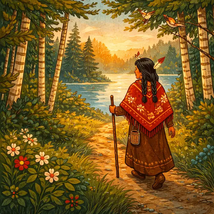 Asibikaashi walks alone along a forest path beside the water at sunrise carrying a staff