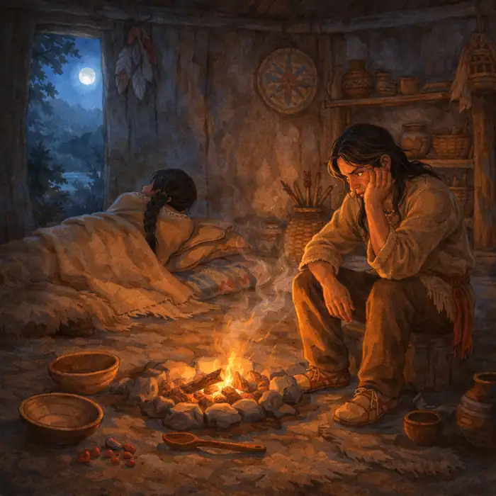 The first man sits awake by the fire at night after the argument while the first woman lies turned away in bed