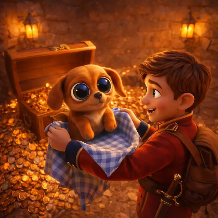 The soldier lifts the small teacup-eyed dog with the blue checked apron beside a chest of coins