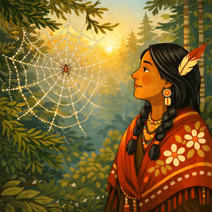 The Dreamcatcher scene where Asibikaashi looks up at a shining spider web covered in dew in the cedar trees