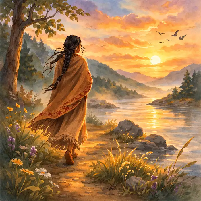 The First Strawberry image of the first woman leaving home alone at sunrise and walking beside the river