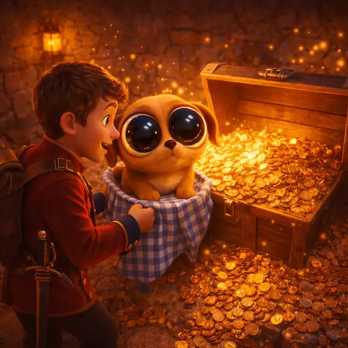 The Tinderbox by Hans Christian Andersen scene of the soldier holding the first magical dog in the treasure room filled with gold coins