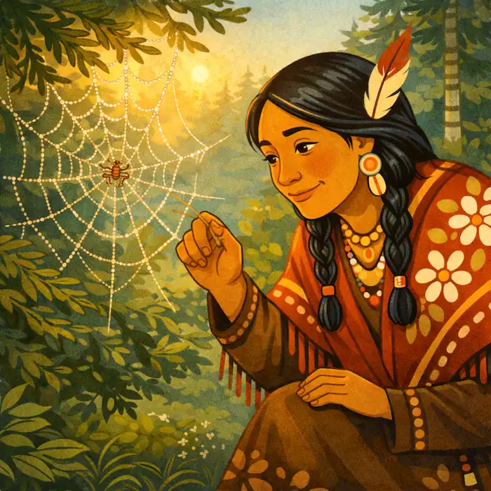 Asibikaashi kneels beside a glowing spider web and watches the spider with care in the forest