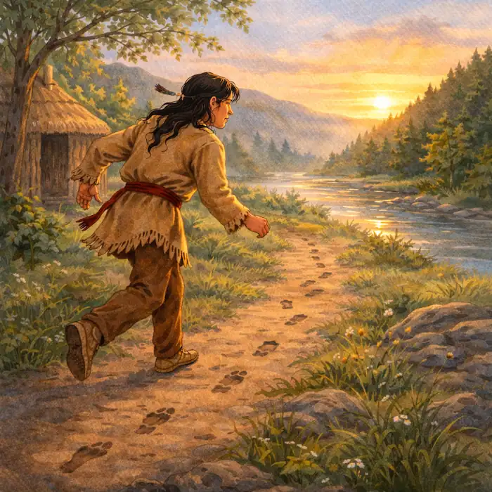 The first man runs along the river path at sunrise after seeing the first woman’s footprints in the ground