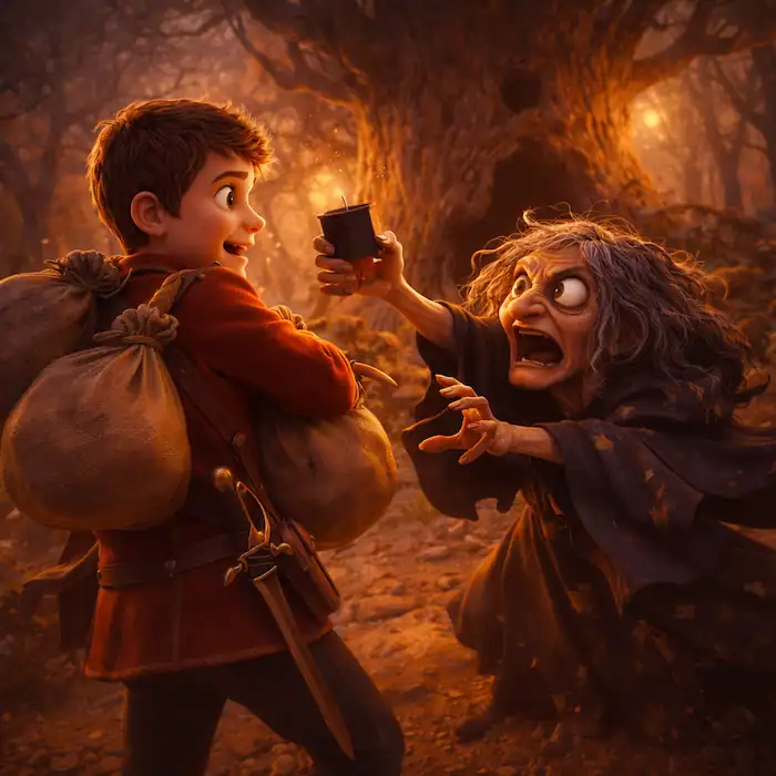 The witch reaches for the tinderbox while the soldier stands on the forest road carrying heavy sacks of treasure