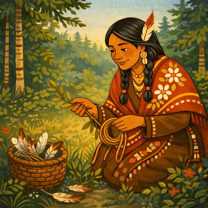 The Dreamcatcher illustration showing Asibikaashi gathering willow, cord and feathers from the forest floor