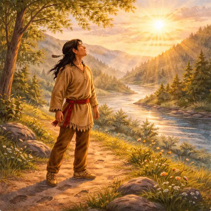 The First Strawberry scene of the first man stopping on the path and looking up as the sun shines down over the valley