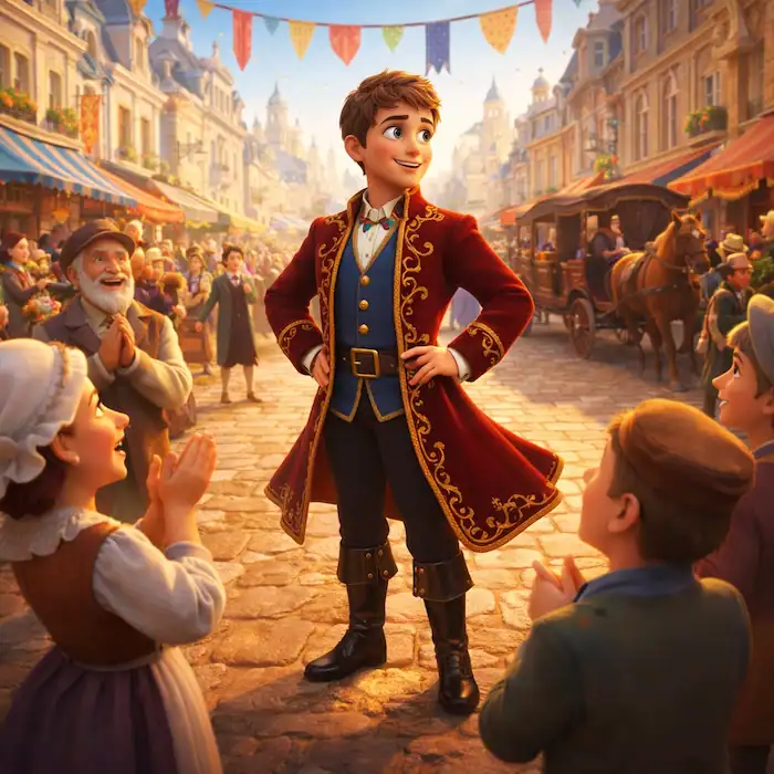 The Tinderbox by Hans Christian Andersen image of the soldier dressed in rich clothes as townspeople admire him in the city