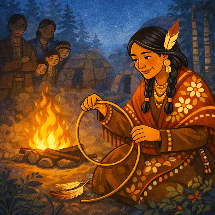 Asibikaashi bends a willow hoop beside the evening fire while village families watch her work