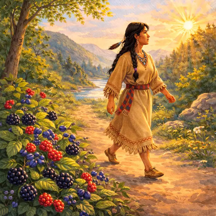 The first woman walks past huckleberries and blackberries growing beside the path as she keeps moving through the valley
