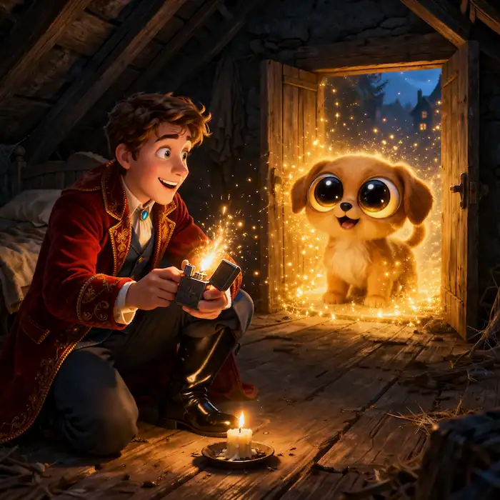 The soldier strikes the tinderbox in his attic room as the first magical dog appears in a shower of golden sparks