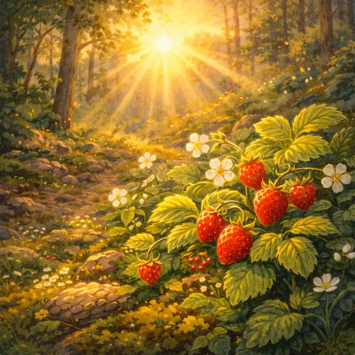 The First Strawberry image showing bright red strawberries and white flowers growing in the sunlight on the forest floor