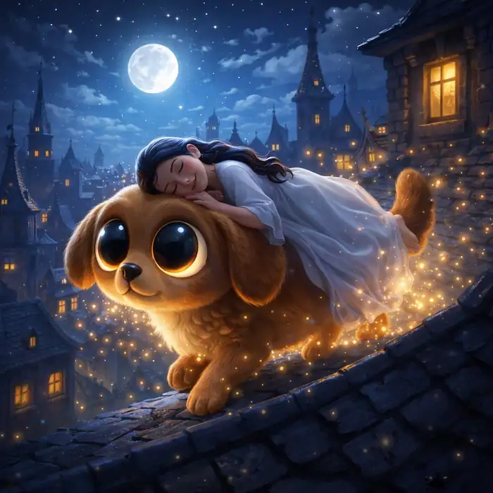 The Tinderbox by Hans Christian Andersen illustration of the sleeping princess riding on the magical dog across moonlit rooftops