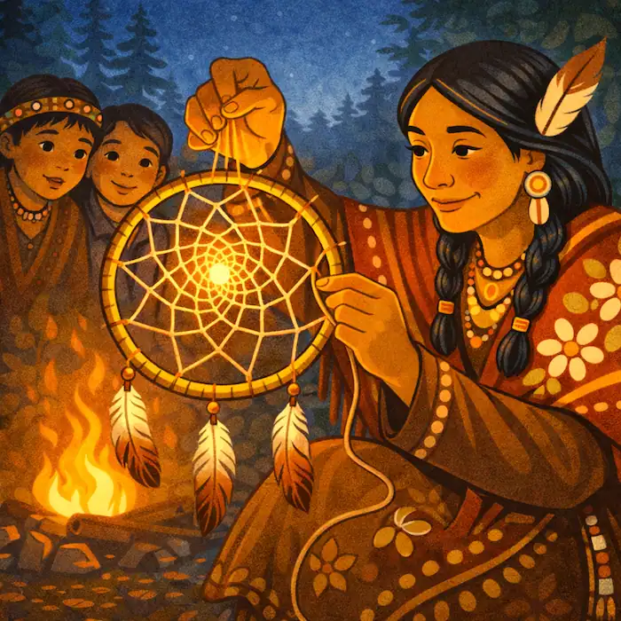 The Dreamcatcher story illustration of Asibikaashi weaving the first dreamcatcher as children watch beside the fire