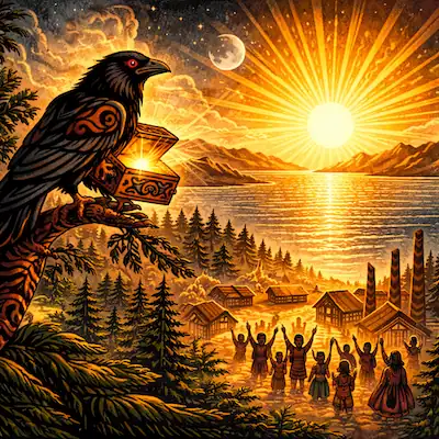 Raven holding a glowing cedar box on a branch above a Haida village as the sun rises over the water and people celebrate below