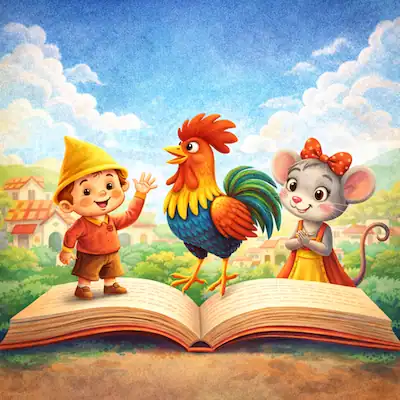 Illustrated square cover image showing Garbancito, Kiriko the Rooster and The Vain Little Mouse standing on an open storybook with a sunny Spanish village behind them.