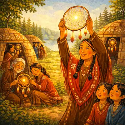 The Dreamcatcher cover illustration with Asibikaashi holding up a glowing dreamcatcher as children and elders look on
