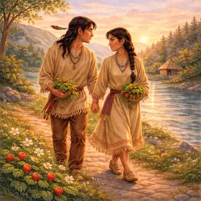 The First Strawberry cover image showing the first man and first woman walking beside the river at sunset with wild strawberries in the foreground