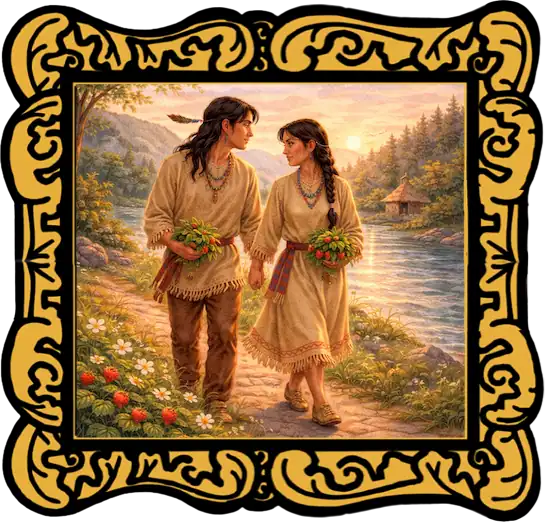The First Strawberry read aloud image showing the first man and first woman walking home together with strawberry plants in a decorative gold frame