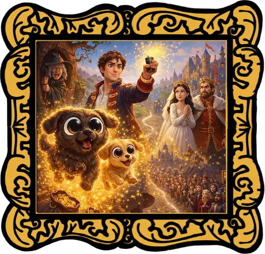 The Tinderbox by Hans Christian Andersen audio cover showing the soldier with the magical dogs, treasure, the princess and the royal crowd