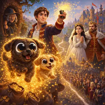 The Tinderbox by Hans Christian Andersen cover image showing the soldier, the magical dogs, the princess, the king and queen, and the witch