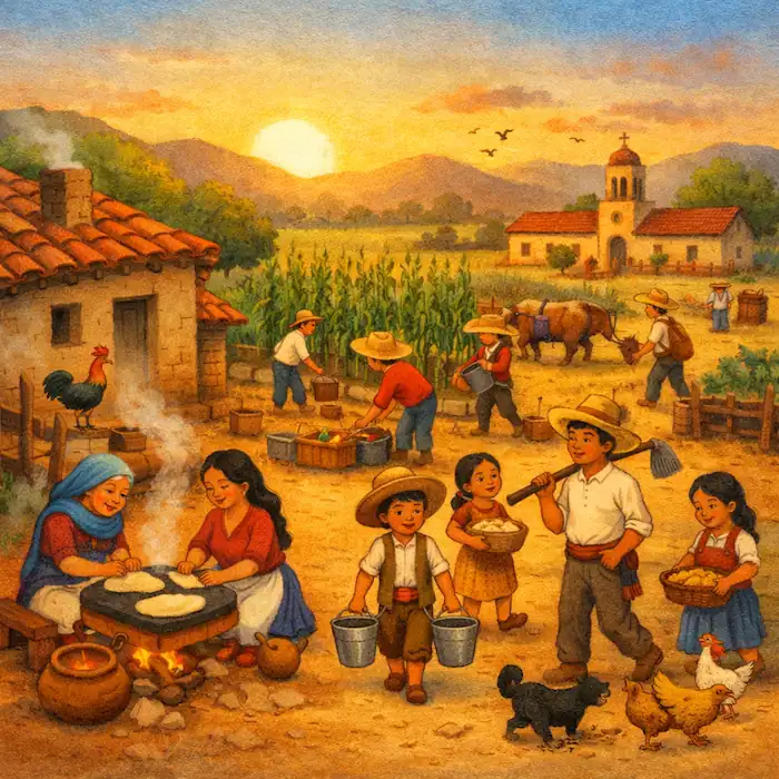 Opening scene from The Lazy Farmer showing a busy rural Mexican village at sunrise with families cooking tortillas, carrying water and working in the fields